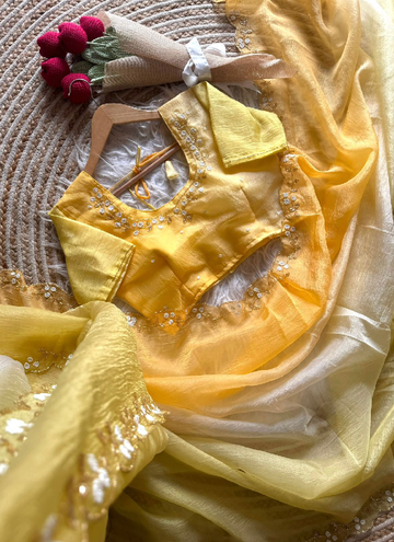 Designer Shaded Crunch Silk saree with handwork.